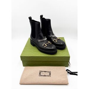 Gucci Deva Horsebit Chain Ankle Boots Combat Black Leather EU 41 US 11